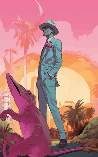 flat vector book cover design by moebius showing painted wallpaper hawaii background to a pink anthropomorphic gecko salesman wearing a battered worn suit