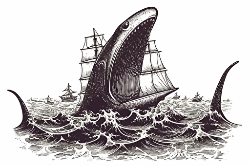 a retro style vector illustration of a shark surrounded by a kraken. White background, black illustration. Negative space around the outside.