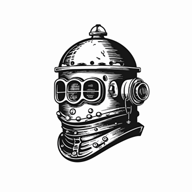 simple vector art, 19th century diving helmet, logo, black and white, minimalism, stylized vector strokes