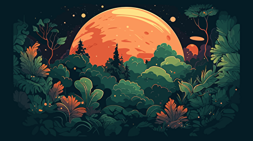 a newly discovered jungle planet, floating in space, hazy atmosphere, orange and green colors, vibrant, strange plants dotting the planet's surface, flat vector illustration, as seen from space