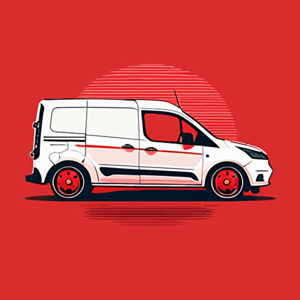 white ford transit connect, silhouette, white color, red background, cartoon vector style