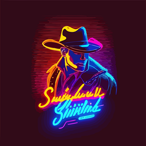 symplistic flat vector logo in a synthwave style with neon colors of a cowboy behing the main brand text