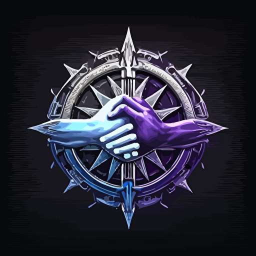 The logo whose main theme is friendship and mutual assistance in the field of finance throughout Ukraine, compass and handshake(with five fingers please). The color scheme consists of a silver/blue and purple/white split on a black background. logo vector hd quality