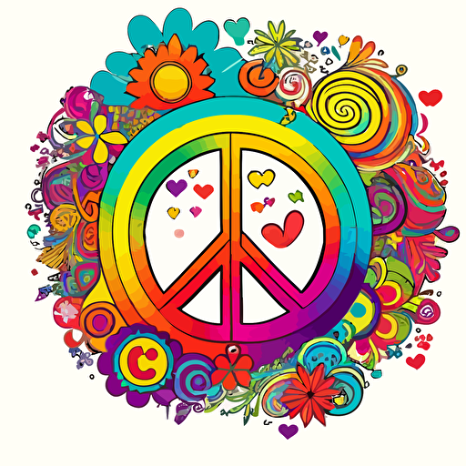 colorful, rainbow doodle style 1960's hippie design with hearts and peace signs and flowers, vector style on a white background