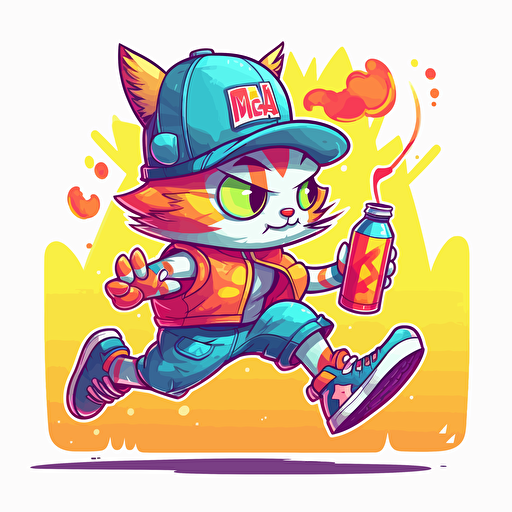 a vector cartoon cat wearing a birthday hat, wearing running shoes, and drinking a canned drink
