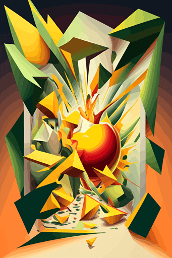 mango explosion, inferno, Neo-Cubism, layered overlapping geometry, geometric fauvism, layered geometric vector art, maximalism; V-Ray, angular oil painting