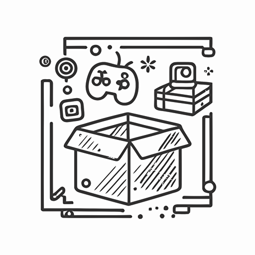 minimal line Logo of a Box with toys and consoles, Vector, Simple, transparent, black and white, sketchy, cartoony