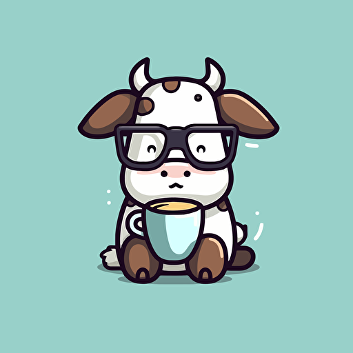 Cute Cow wearing glasses and drinking milk, comic vector illustration style, flat design, minimalist logo, minimalist icon, flat icon, adobe illustrator, cute, Simple