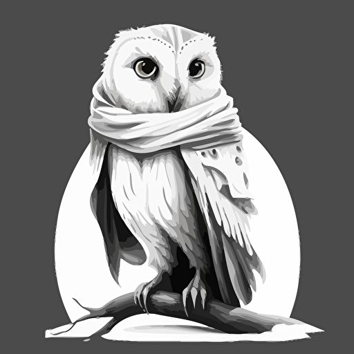 an angry white owl sat on a branch in the center looking at the camera, wearing a scarf, vector cartoon style, simple, basic, no details, black and white