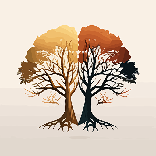 3 color symbol logo of two oak trees side to side, it has to be geometrical, simple, elegant, warm colors, vector.