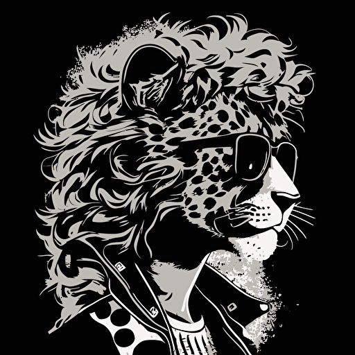 an 80s spirit illustration with a leopard, vector, in black and white, flat 2d