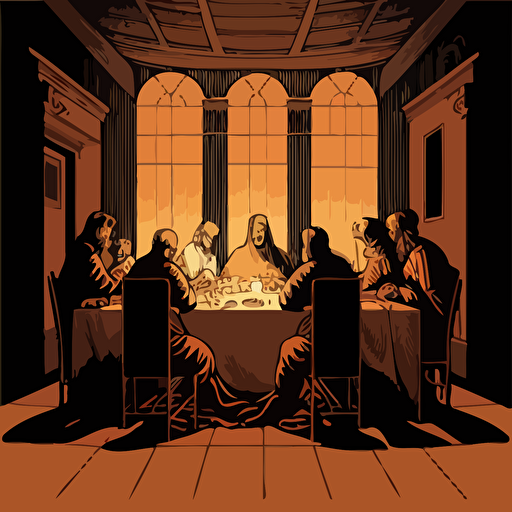 Drawing from Leonardo da Vinci's "The Last Supper," design a vector illustration of a modern-day dinner party where Satoshi Nakamoto is the host, engaging in conversation with notable figures from the world of technology and finance. Set the scene in an elegant dining room.