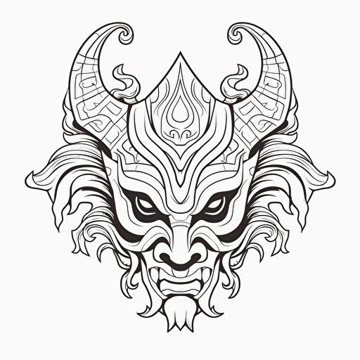 DND Fantasy. Japanese Style mask. Wooden Architecture. No Shadow. Cartoon. Coloring page. Vector. Simple.