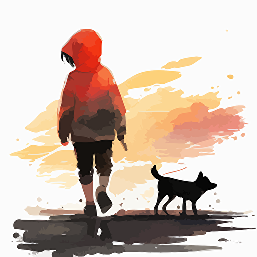 Character illustration from Kyoto Animation Studio, watercolor, 8 year old boy in red hoodie and black dog, walking, sunset, wind, no background, plancard illust, simple vector art.