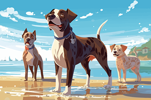 a Jack Russell terrier, a fat chocolate Labrador, a fawn American Great Dane, playing at a beach, vector art style,