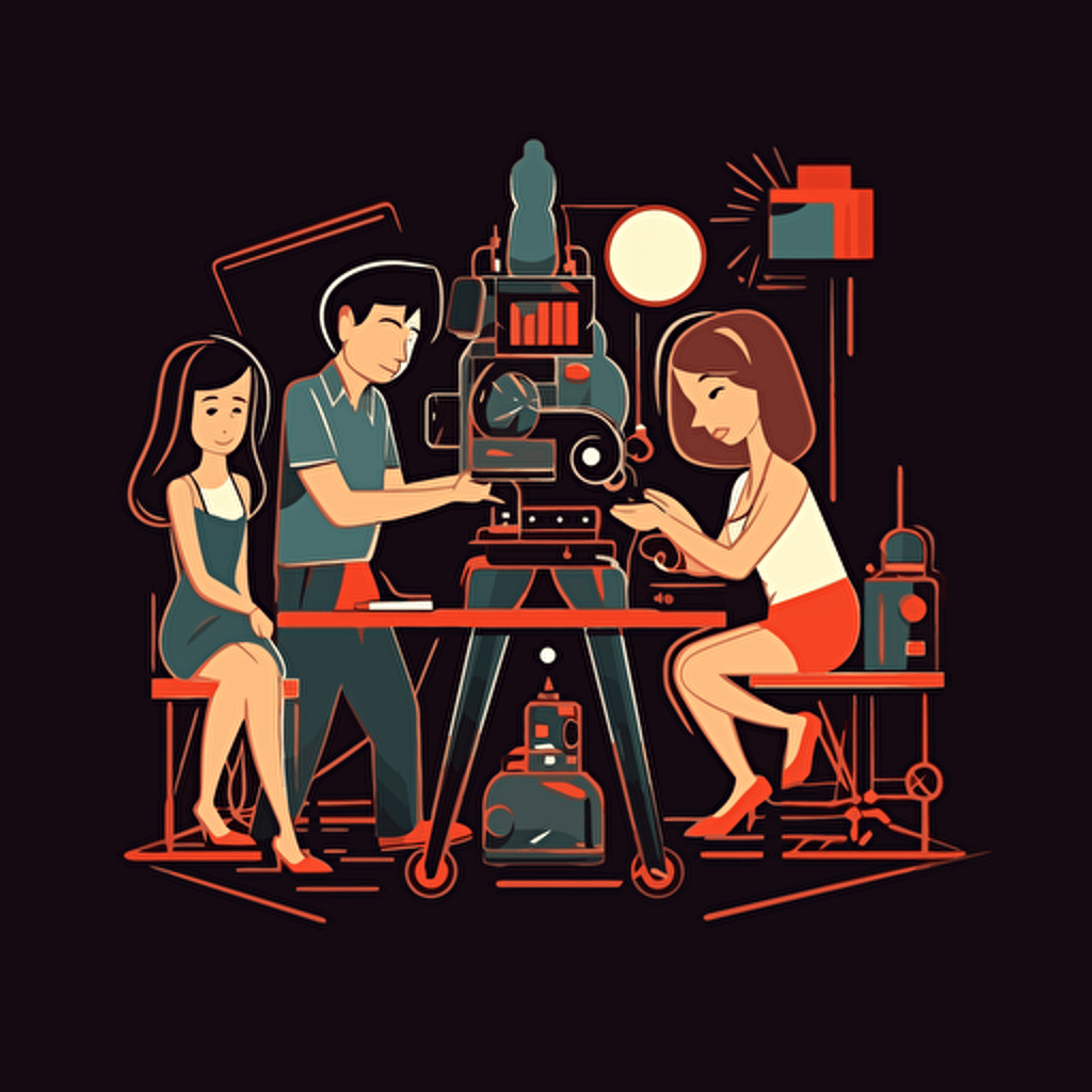 two girls and one guy making films. Vector style over black