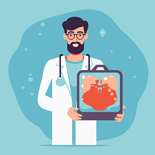 a medical doctor holding a box full of ice, and on top of the ice there is a liver organ, in a hospital, before transplanting the organ to a patient, simple vector style