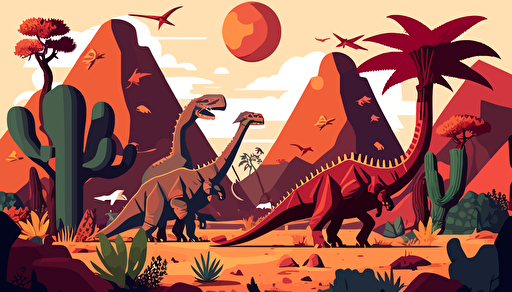 anime style depicting various and diverse types of dinosaurs on a beautiful land during the jurassic period, flat vector art, bright colors, high resolution