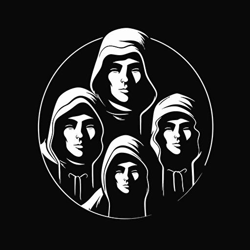 logo, family, three hodies , face in the dark, from mid chest, vector style, flat 2d, black and white