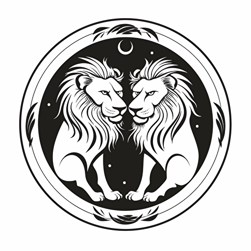 the lion zodiac sign, shall comtain two lions, romantic stile, simple, black and white, vector art, simple, flat desing, shall be circular, no grey shading