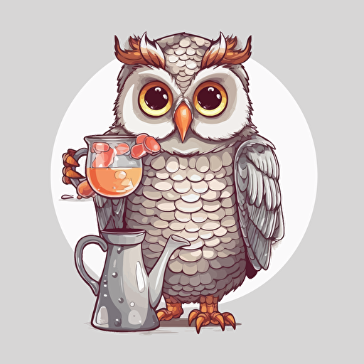 happy relax owl holding a glass coffee pot, a coffee cup beside the owl, vector, illustration for sticker, illustrator, vector art illustration style, grey background, high resolution,