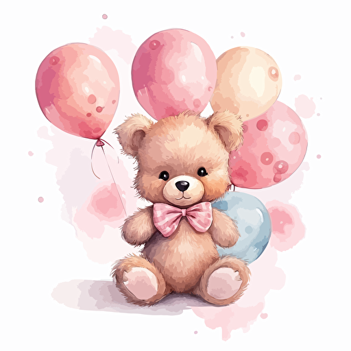 cute teddybear wearing pink bow and holding pnik and gold balloons, watercolor, detailed, vector