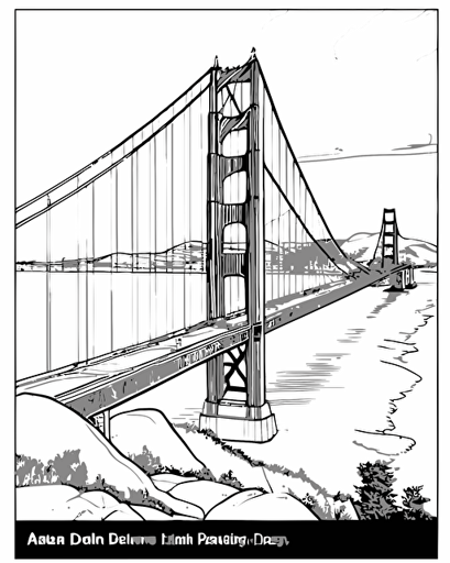 coloring page for children age 5-9 yrs, Golden Gate Bridge with a view of North Bay, coloring page black and white comic book flat vector, white background