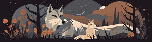 vector illustration of a wolf nursing her little cubs, forest scenery