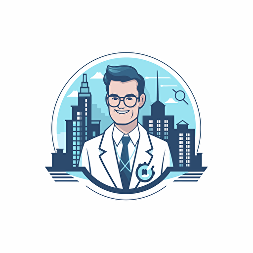 simple logo for doctor with skyscraper, vector flat, PNG, SVG, flat shading, solid white background, mascot, logo, vector illustration, masterwork, 2D, simple, illustrator