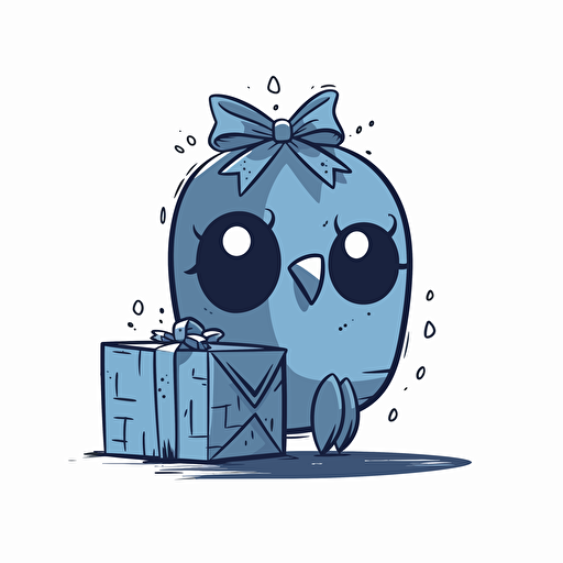vector doodle minimalist, an sad bird shaped blue robot on background giftboxes