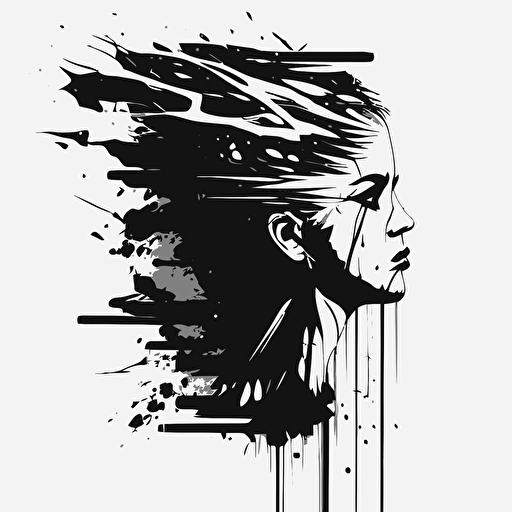 vector image, smooth strokes, flat design, black and white , a human head that is dissolving