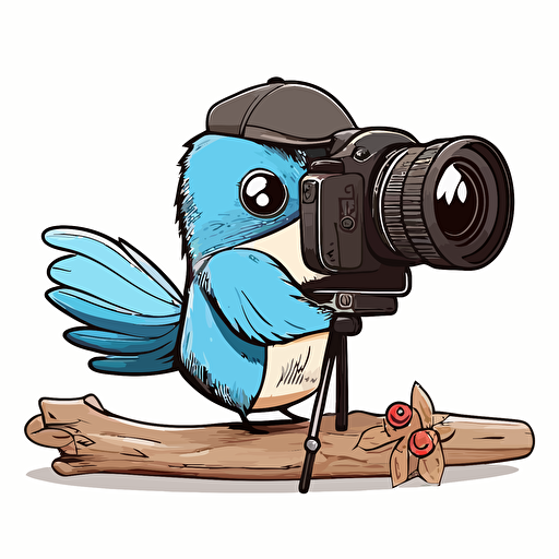 a cute apus apus taking photos with a wooden DSLR on a wooden tripod, vector image, simple, three color, blue, black, white