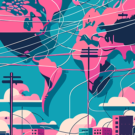 flat vector, world on wires, pink and blue