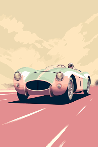minimalistic vector poster art, 1950's race car event, pastel colours,