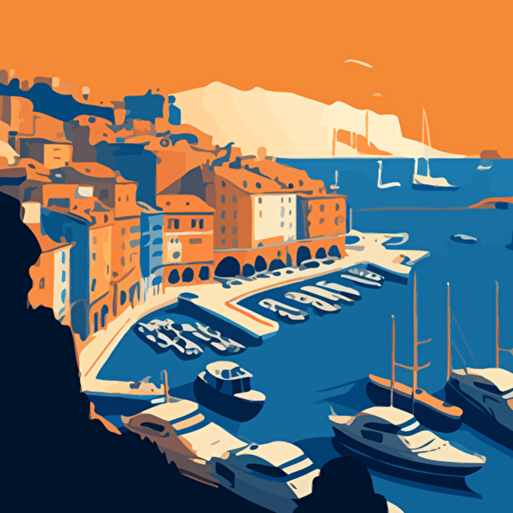 vector image of the Monaco harbour, using only orange and blue colours, simple cartoon style shading, very simple
