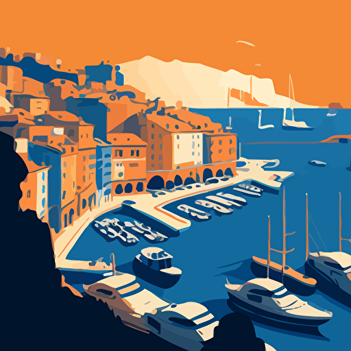 vector image of the Monaco harbour, using only orange and blue colours, simple cartoon style shading, very simple