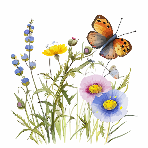 spring meadow wildflower with a butterfly, watercolour, clipart, primary colours, vector, simple, white background