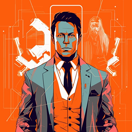 2D vector Jordan Belfort in minimalism cyberpunk style and in orange colors. Background white