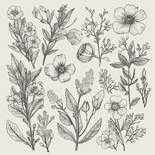 clip art, flowers with branches and leafs, black linework, vector, white background, variations,