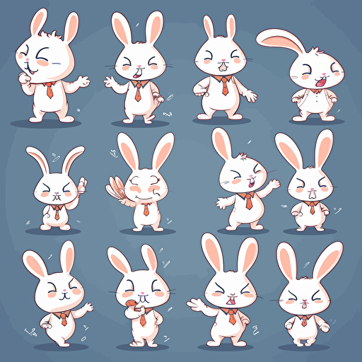 mascot bunny, multiple poses and expressions, 2D, vector