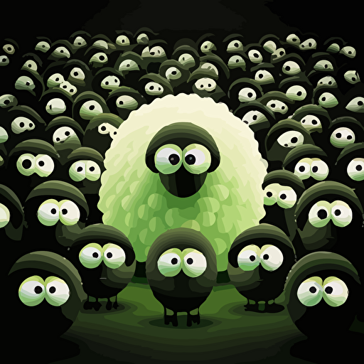 a paddock full of radioactive sheep with big pixar eyes that glow in the dark, funny, humour, white background, vector art