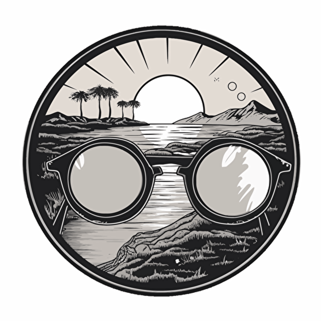 a sticker showing a pair of round shaped sunglasses and inside them a sunset, in black and white vector