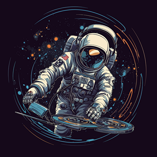 In the zero-gravity of space, the DJ astronaut deftly scratches a vinyl, creating interstellar beats that pulse through the galaxy, 2d vector on black background