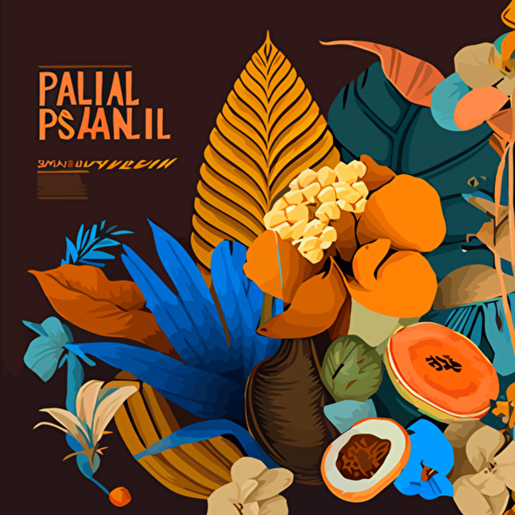 tropical plants flowers and latin Food FULL COVERAGE CORNER TO CORNER wallpaper design, no repeating patterns, NO TEXT, [blue, orange, brown, and gold colo scheme here]::3 modern, clean, design, vector, items, food, RTX
