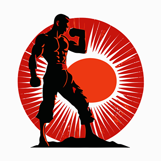 square logo, silhouette of a kickboxing fighter against a red sun, white background, flat image vector