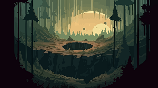 impact crater on a foreign jungle planet in the middle of a forest, slightly dark, mysterious, flat vector illustration