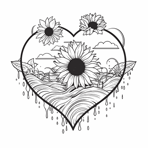 a heart vector with black outline, and inside the heart there will be a smiling sunflower in cartoon style, swimming in the sea, minimal illustration, cartoon style in black and white