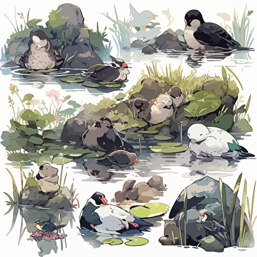vector illustration, pond animals, a frog, a bird , a skunk