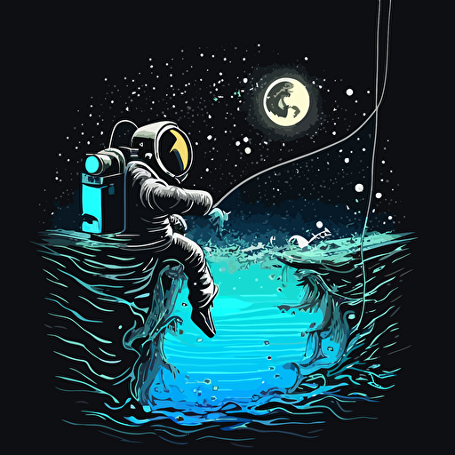 astronaut fishing in the sea of ​​calm on the moon, cartoon illustration, vector
