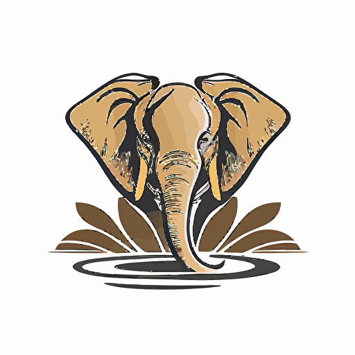 simple flat vector logo of a elephants face whithout body where the trunk is holding a lotus flower, 3 colors one of them gold